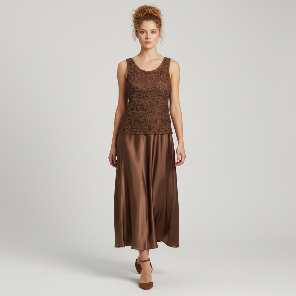 Vtg Cachet Brown Crochet Lace Beaded Satiin A-Line Formal Evening Gown Dress 10